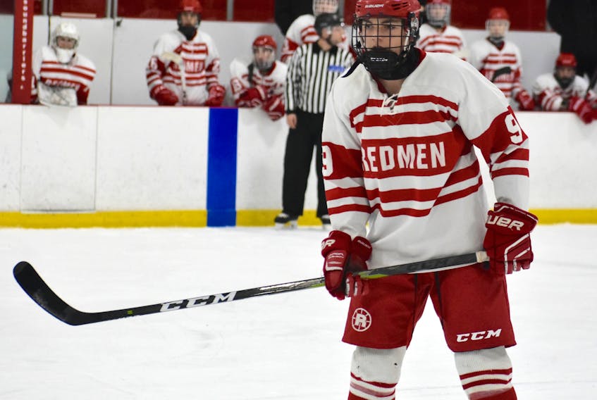 Andrew McCarron of the Riverview Redmen will play in his final Red Cup Showcase this weekend. McCarron, the grandson of the late Terry McCarron, led the Cape Breton High School Hockey League with 47 points in 18 games this season.