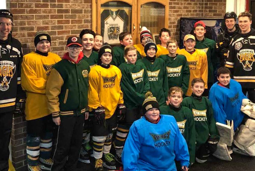 The Northside Vikings peewee ‘AAA’ hockey team will host the 2019 Cape Breton Cup this weekend at the Emera Centre Northside in North Sydney. Last month, members of the Cape Breton Screaming Eagles attended the Vikings’ practice and are pictured with the team. Front row, from left, Leelan Benoit, Sam Gracie, Malcolm Hull, Jack MacPhee and Nathan Larose. Middle row, from left, Colten Amey, Brayden MacDonald, Zander Billard, Jesse Ross, Nick Bennett, Josh Vickers and Liam Finney. Back row, from left, William Grimard, DJ Poirier, Daniel Young, Rielle Kerr, Carter Petite, Keagan MacKenzie and Charles Grant. Missing from the photo was Davis MacInnis.