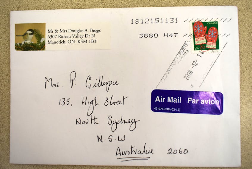 This envelope contains a Christmas card for a 94-year-old resident of North Sydney, Australia. Unfortunately, the nonagenarian will have to wait for her holiday wishes after the letter was inadvertently delivered to a similar street name and address in Sydney, Nova Scotia. The card was sent by the woman’s sister who lives in an Ottawa suburb.