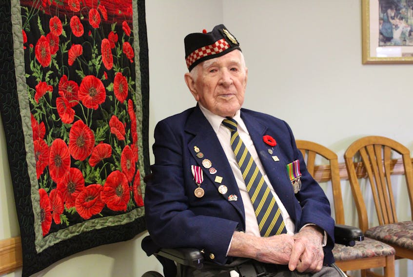 Ambrose Deveaux, 97, is a World War II vet and the oldest member of the Royal Canadian Legion Branch 3 Glace Bay. While he doesn’t like to talk about the friends he lost during the war he does remember some good times had with fellow soldiers. A dedicated family man, Deveaux also fondly remembers how his wife would correct his spelling and grammar on letter he would send her while deployed in England and France and send them back with her reply.
