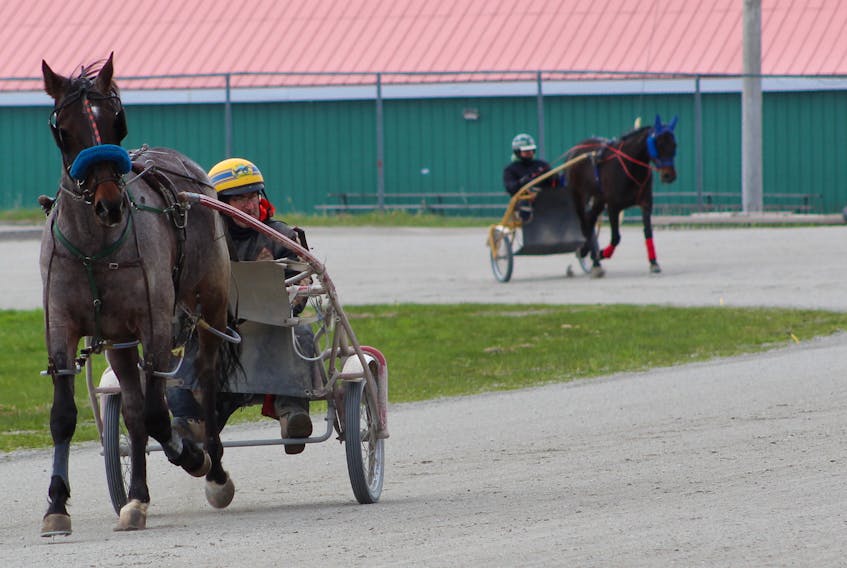 Roddie Gillis, left, was handling Mamas Little Rose Thursday morning at Northside Downs. Behind him on the track was Jimmy Struthers leading Did You See That. Harness racing at Northside Downs will begin Saturday in North Sydney.