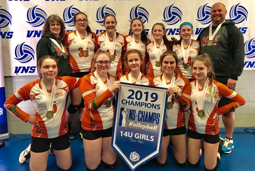 The Volleyball Cape Breton under-14 girls team recently captured the Nova Scotia championship. The team will participate in the Volleyball Canada National Championships this weekend in Halifax. From left, front, Katie Kennedy, Marley Beaton, Sarah MacDonald, Brooklyn Applin and Sierra White; back, Karen MacDonald (assistant coach), Caris Forance, Emma Pyke, Shannon Blois, Rylee White, Sarah Mombourquette and Kyle Burchell (head coach).