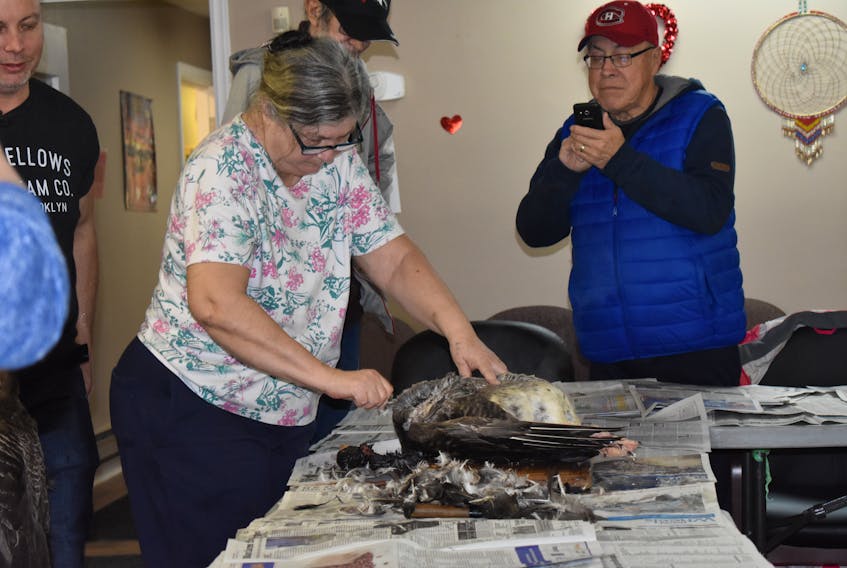 Debra Grace was among the first to try her hand at plucking a goose at the Membertou Seniors Centre this week.