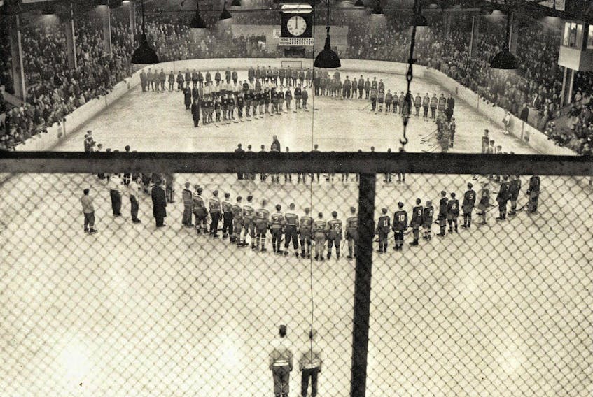 Representatives from local teams were selected to participate in Youth Hockey Night in 1952, where they performed before thousands of fans. A large turnout is evident on Sports Night at the Glace Bay Miners Forum.