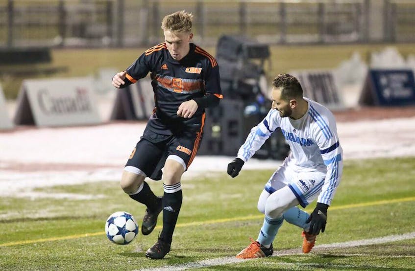 Cape Breton University men's soccer player Charlie Waters is shown in action on Thursday, Nov. 9, 2017 during the national championship at Kamloops, B.C.