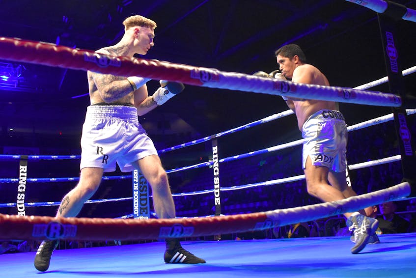 In this file photo, Ryan (The Bruiser) Rozicki, left, is shown fighting Victor Hugo Correa of Mexico during a fight card at Centre 200 on May 19, 2018. That night, Rozicki captured the CPBC North American cruiserweight title. Rozicki, a Sydney Forks boxer, will once again fight in front of the hometown fans on Saturday when he faces Shawn (The Killer) Miller for the WBC International Silver cruiserweight championship.