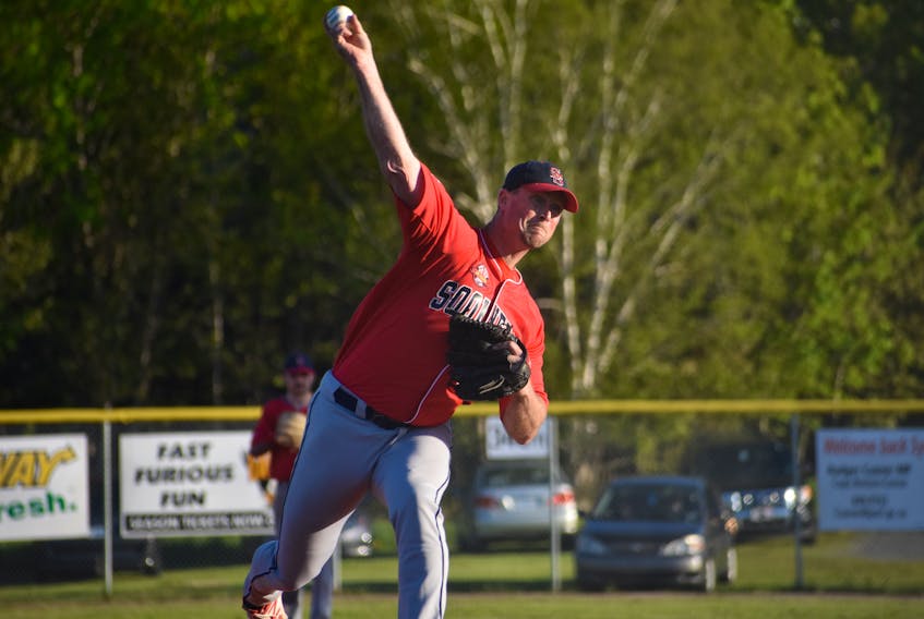 Sheldon MacDonald of the Sydney Sooners prepares to deliver a pitch during the second inning of last Friday’s Nova Scotia Senior Baseball League game against the Halifax Pelham Canadians at the Susan McEachern Memorial Ball Park in Sydney. MacDonald and the Sooners will host the Dartmouth Moosehead Dry this weekend in Sydney.