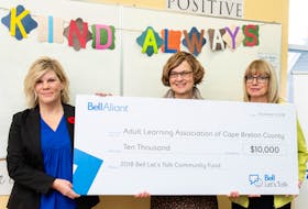 A Bell Let’s Talk $10,000 grant was presented Nov. 8 to the Adult Learning Association of Cape Breton County. From left, Judy McMullin, client executive, Bell Business Markets, Karen Blair, executive director, Adult Learning Association of Cape Breton County, and Deborah Campbell Ryan, vice-chair, the association’s board of directors.