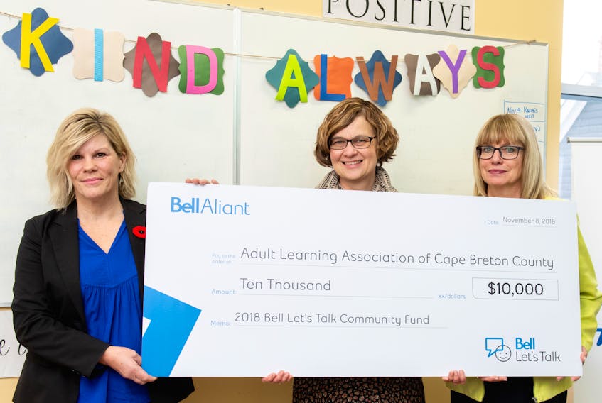 A Bell Let’s Talk $10,000 grant was presented Nov. 8 to the Adult Learning Association of Cape Breton County. From left, Judy McMullin, client executive, Bell Business Markets, Karen Blair, executive director, Adult Learning Association of Cape Breton County, and Deborah Campbell Ryan, vice-chair, the association’s board of directors.