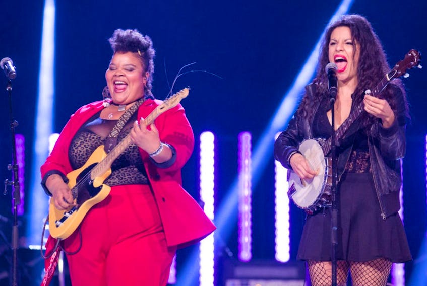 Chelsea D.E. Johnson, left and Lola Whyte, right, known as Old Soul Rebel, perform in the final concert of the CTV show, “The Launch,” shown on Wednesday night.