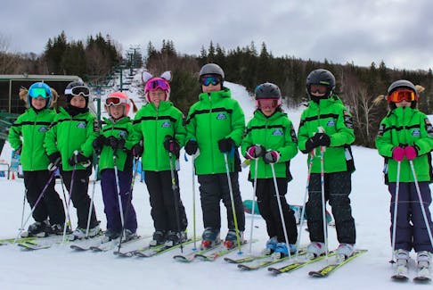 Members of the Ben Eoin Ski Team get ready to hit the slopes for their first weekend of training on Jan. 6 at Ski Ben Eoin. From left are Lauren Kaiser, Maggie MacDonald, Zoe Wilson, Anna Kaupp, Maxwell MacKeigan, Karley Lawless and Lexi Ranni.