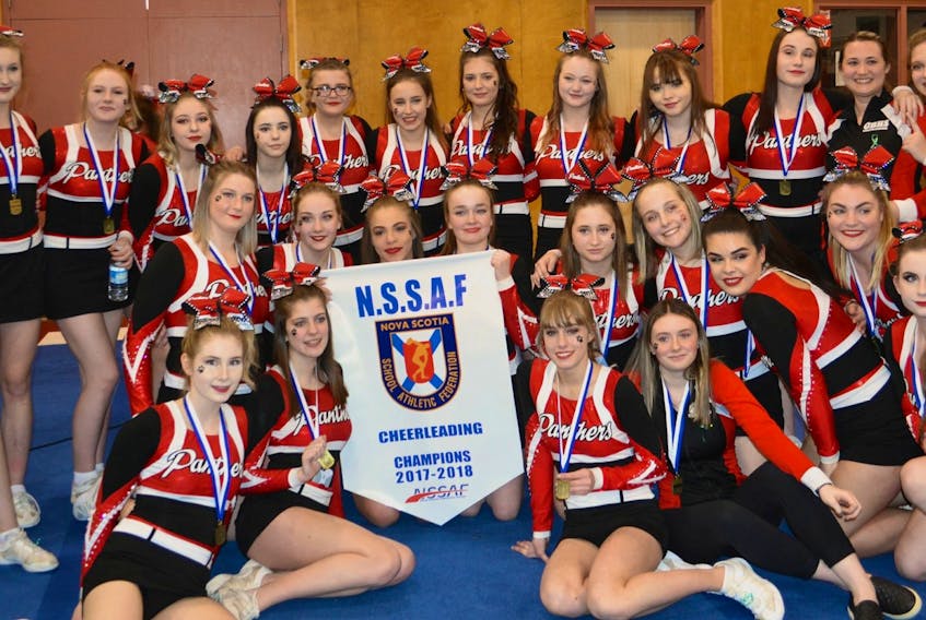 The Glace Bay Panthers took top spot in the Level 4 division at the Nova Scotia School Athletic Federation Cheerleading Championships held Saturday at Riverview gym in Coxheath. Front row, from left, are Alexandra Hanrahan, Hannah Wilcox, Emily Catapano and Nicole Napoleon. Middle row, from left, are Braelee Hiscock, Autumn Shepard, Sara Blinkhorn, Jenna MacDonald, Emma Comer, Bryah Boutilier, Sara Brewster, Robyn MacIntyre and Katie Parsons. Back row, from left, are Jessie Wadden, April McMullin, Caleigh Button, Aleigha Worthington, Cheyenne Milley, Aaliyah Hiscock, Sam Vassello, Danielle Hinchey, Hannah Orchieson, Cora MacPhee, Chloe McNeil, coach Ashley Timmerman and Paige Wadden.