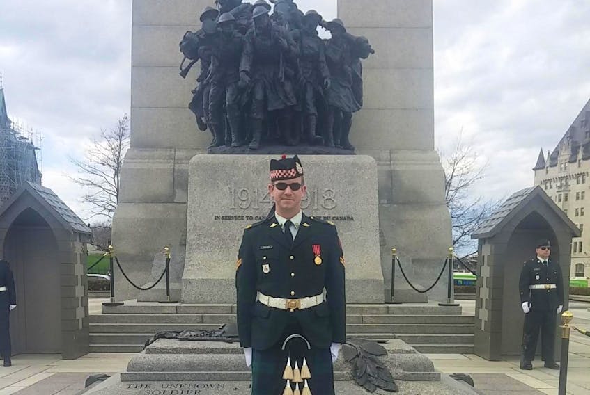 Gregor MacLean stands sentry at the Tomb of the Unknown Soldier in Ottawa. The master corporal with the Cape Breton Highlanders recently completed a month-long posting in that role.