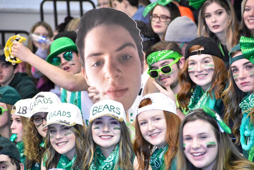 Students from Breton Education Centre were out in full force to support their team at the opening night of the 2018 New Waterford Coal Bowl Classic at BEC gym in New Waterford. Among the Bears supporters, in the bottom row from left, are Jocelyn Wilson, Rhianna MacDonald, Karli MacNeil, Caileigh McKinnon and Kelsie Neville. They’re being dwarfed by a cardboard cutout of Bears player Sam Stacy.