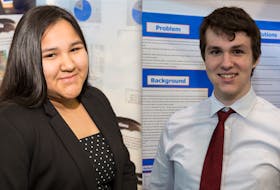 Maria Alex, left, from Eskasoni received the First Nations University of Canada Award Two at the Canadawide Science Fair this week in Fredericton, while Sydney student Zachary Fraser, right, received the Canadian Acoustical Association Award.