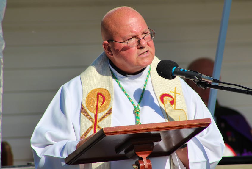 Bishop Brian Dunn of the Diocese of Antigonish gives the homily at an ecumenical worship service at Camp Bretondean in Albert Bridge on Sunday.