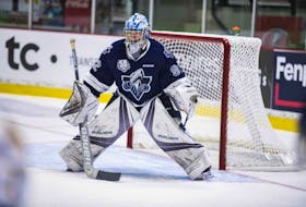 Rimouski Océanic goaltender Colten Ellis of Whycocomagh watches play during a Quebec Major Junior Hockey League game earlier this season at Colisée Financière Sun Life in Rimouski. The 18-year-old is in his second season in the QMJHL, this after posting 33 wins in his rookie year last season.