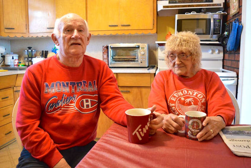Jim McIntyre has coffee with his wife Marg McIntyre at their home in Glace Bay. Marg goes to the Cape Breton Regional Hospital in Sydney three times a week for dialysis and was happy to hear that design work has begun on the dialysis unit at the Glace Bay Hospital.