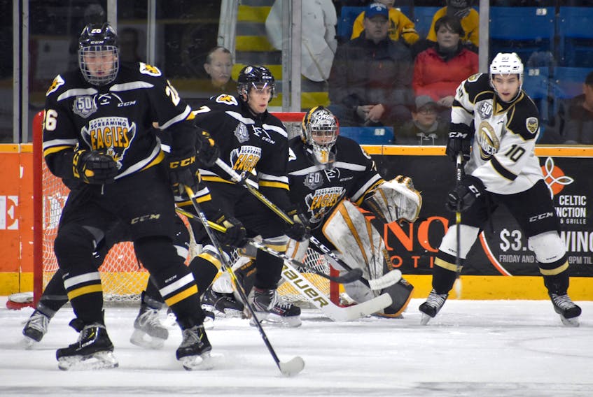 Quebec Major Junior Hockey League action between the Cape Breton Screaming Eagles and Charlottetown Islanders in March featured, from left, Egor Sokolov, Adam McCormick, Kevin Mandolese and Brett Budgell. These players chose to play major junior, however, Budgell did consider playing NCAA, beginning his junior career with the Chicago Steel before joining the Islanders during the 2017-18 season.