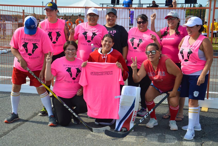 The Honey Badgers, an all-women street hockey team from Membertou, poses for photos after winning their semifinal match at the Because You Care Cup on Sunday. The team, which was there to raise money for cancer research in Cape Breton in memory of Cory Christmas who died in August 2017, went on to win their division with a score of 7-1 in the final game. The team, in no particular order: Tanaya Paul, Rachel Paul, Shylo Marshall-Kiley, Stephanie Gould, Arlene Googoo, Rebecca Scirocco, Courtney Marshall, Vicki Christmas, Alexan Christmas, Gail Christmas and Caitlin Francis.