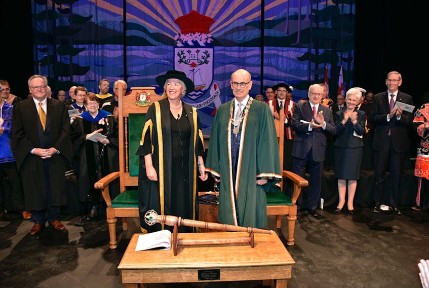 The instillation of David C. Dingwall as president and vice-chancellor at Cape Breton University on April 6, 2018. He is joined by CBU chancellor Annette Verschuren.