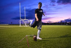 Cash Peterman prepares to practise kicking at Open Hearth Park in Sydney. The Phoenix, Arizona, native is an NCAA football recruit by Brigham Young University in Utah and is in Cape Breton as part of a missionary assignment for The Church of Jesus Christ of Latter-day Saints.