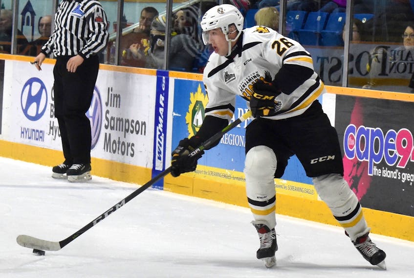 The Cape Breton Screaming Eagles head into the Québec Major Junior Hockey League playoffs with a determined young squad that includes 17-year-old Russian import Egor Sokolov, shown here in a recent game at Centre 200. The Screaming Eagles finished the regular season in 12th place and will take on the fifth place Drummondville Voltigeurs with the best-of-seven series set to kick off Friday in the central Québec community.