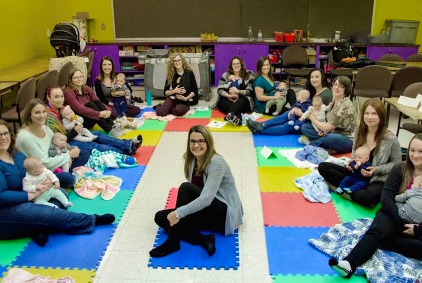 The first Mommy Connections Cape Breton session was held last October. Shauna Giggey, front centre, is the group’s director. In the circle, left to right, are Michelle Nash with daughter Zoey, Jackie Bunyan with daughter Claire, Erin Beecher with daughter MJ, presenter Dr. Jen Maher of Island Chiropractic, Allison Ratchford with son Lawson, Sam Hodder with daughter Luci, Angela Hall with son Colby, Britney MacNeil with son Peter, Jillian Powers with son Jack, Amber Tapley with daughter Elda, Jessica Sjoblom with son Harrison and Krystal Pettipas with son John.