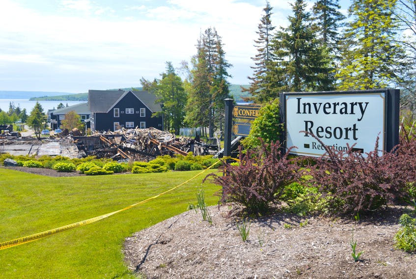 This file photos shows the charred remains of Inverary Inn’s main lodge at the entrance to the 11-acre property in the early morning hours of June 7. The Village of Baddeck has filed with the provincial regulator inspection reports and its standard operating procedures for the inspection of its fire hydrants, fulfilling a request from the Nova Scotia Utility and Review Board.