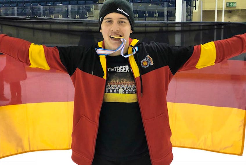Cape Breton Screaming Eagles defenceman Leon Gawanke is shown with his gold medal and German flag after winning gold at the 2019 IIHF World Junior Hockey Championship Division I Group ‘A’ tournament in Füssen, Germany, on Saturday.