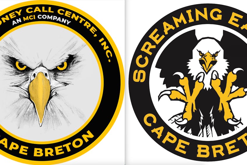 The Sydney Call Centre Inc. logo, left, shares similarities with the Cape Breton Screaming Eagles’ circle logo the Quebec Major Junior Hockey League team uses, including the use of an eagle and the black and yellow colours.