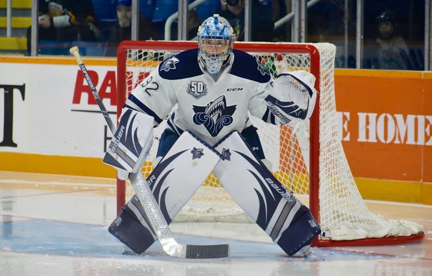 Colten Ellis of the Rimouski Océanic watches the play during a Quebec Major Junior Hockey League game against the Cape Breton Screaming Eagles at Centre 200 last October. The River Denys netminder is ranked No. 8 among North American goaltenders for the 2019 NHL Entry Draft in Vancouver.
