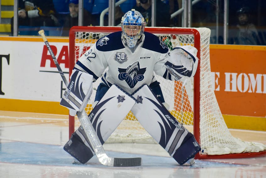 Colten Ellis of the Rimouski Océanic watches the play during a Quebec Major Junior Hockey League game against the Cape Breton Screaming Eagles at Centre 200 last October. The River Denys netminder is ranked No. 8 among North American goaltenders for the 2019 NHL Entry Draft in Vancouver.