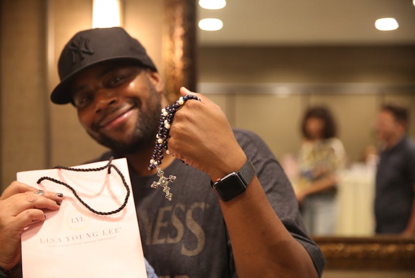 Longtime “Saturday Night Live” cast member and Emmy nominee Kenan Thompson received a necklace made of Asian freshwater pearls, smoky quartz and a sterling silver cross by North Sydney’s Lisa Lee during a gifting suite in Los Angeles in advance of the Emmy Awards
