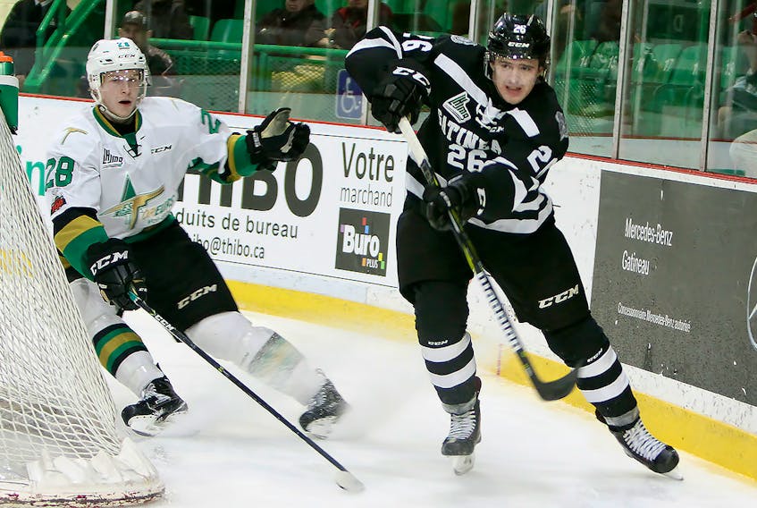 Mitchell Balmas of Sydney, right, was traded from the Gatineau Olympiques to the Acadie-Bathurst Titan on Wednesday. It will be the third Quebec Major Junior Hockey League team for the 19-year-old forward.