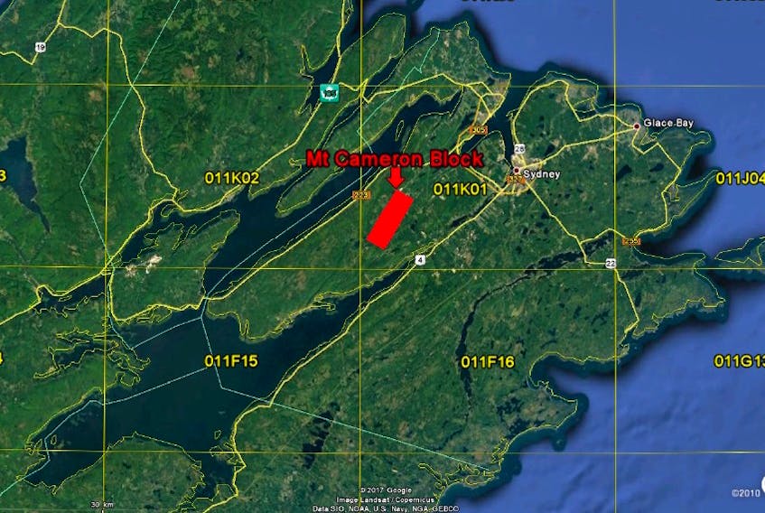 This image provided by Genius Properties Ltd. shows the area of mining exploration in Cape Breton by the Montreal-based company.