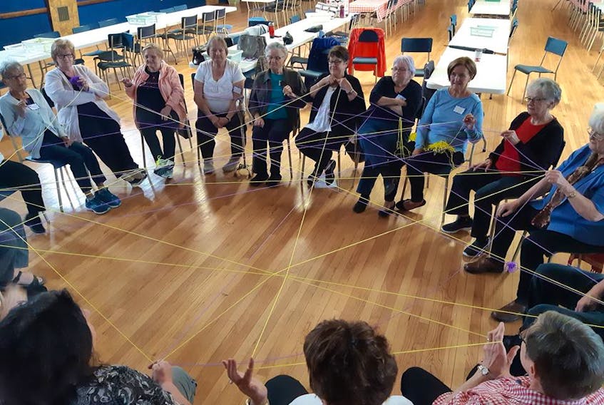 A group plays the string game that demonstrates everyone has skills and needs that connect us. The Community Skill Exchange-Richmond County TimeBank is the string that links others in the community together.