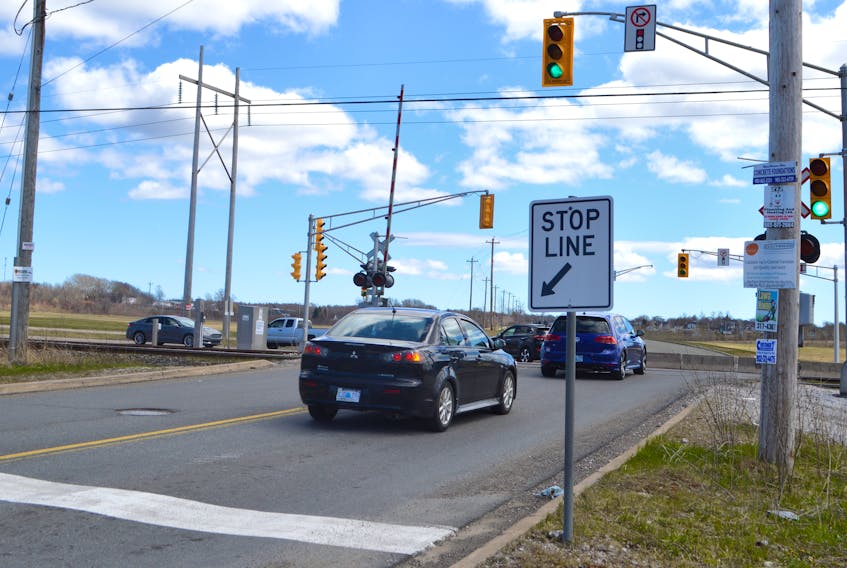 This is the stop line for traffic at the intersection at Lingan Road and Spar Road. CBRM Dist. 12 Coun. Jim MacLeod said there is a ‘trip light’ here but motorists aren’t obeying this sign and are driving closer to the train tracks. As a result they are not activating the traffic lights and are in a position where they are unable to see the light change. The Cape Breton Regional Municipality is currently doing a traffic study to look at possible upgrades at this intersection.
