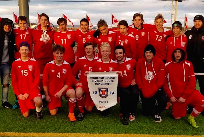 The Riverview High School Reds varsity boys soccer claimed the 2018 Highland Region championship with a 4-2 win over Sydney Academy on Friday at Open Hearth Park. Front row, from left, are: Carson Doughart, Dylan MacDonald, Ryan Drohan, Tyler Simpson, Kinnon Williams, Nathan MacLeod and John Patterson. Back row, from left, are coach Anthony Brewster, Cruz Wilson, Isaac Parnaby, Pedro Ortiz, Fran Manes, Michael Dermody, Sandy Patterson, Josh MacAskill, Gareth MacKinnon, Jai Cunsolo-Willox and coach Peter Xidos. Missing: Matthew Brewster, Mark Ouandji and coach Reilly Brown.