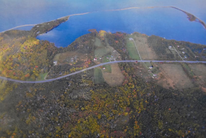 This aerial view of Big Pond Centre shows the “barachois” or coastal lagoon that defines the area.