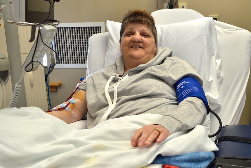 Renee Nunn is seen receiving dialysis treatment at the Northside General Hospital renal dialysis unit. The 56-year-old North Sydney widow, who is one of more than 130 Nova Scotians waiting for an organ transplant, is reminding people to sign their donor cards.