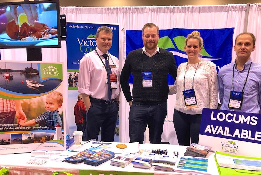 Baddeck pharmacist Graham MacKenzie, from left, along with Emmanuel Comtois, business manager at Buchanan Memorial Hospital in Neils Harbour, and Victoria County doctors Nicola Smith and David Heughan, took part in last week’s Family Medicine Forum in Toronto, Ont.