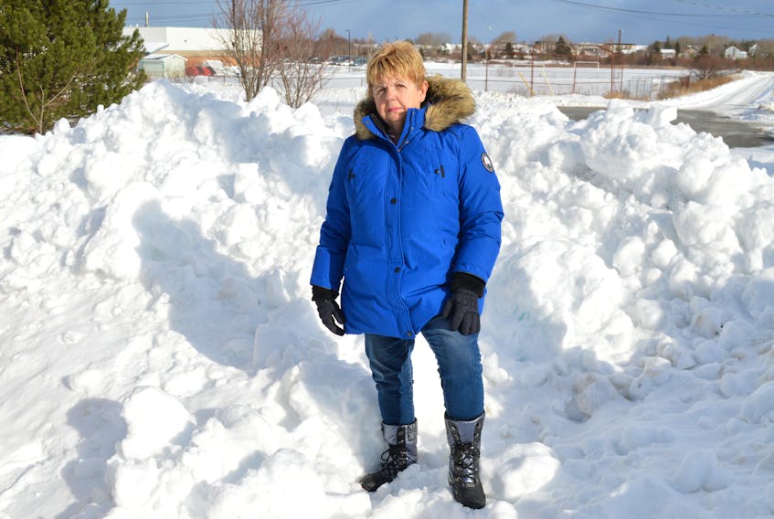 Beverly Joyce of Ratchford Street, River Ryan, stands by snow plowed up at a barrier that prevents thru traffic from James Street onto Ratchford Street. Joyce said the barrier was designed to prevent thru traffic while still allowing access to emergency vehicles, but with the plows piling snow in the area, access would not be possible.