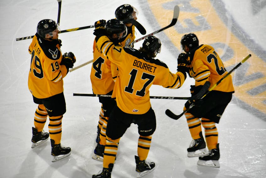 Members of the Cape Breton Screaming Eagles celebrate after a goal during a game earlier this season at Centre 200. Screaming Eagles majority owner Irwin Simon hopes to bid for the right to host the 2022 Memorial Cup in Sydney.