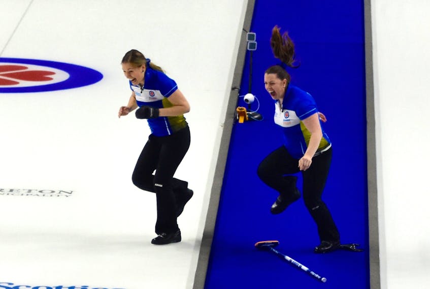 Alberta lead Rachel Brown, left, and second Dana Ferguson jump for joy after defeating Ontario in the championship game of the 2019 Scotties Tournament of Hearts that wrapped up Sunday evening at Centre 200 in Sydney. Three-time winner Rachel Homan had a golden opportunity to claim another title but came up short with her last shot of the extra end that was needed to settle the Canadian women’s curling championship. Alberta is skipped by Chelsea Carey, who captured the 2016 championship, and also features third Sarah Wilkes. Apart from Carey, the other members of Team Alberta won the title for the first time. Alberta’s victory was all the more remarkable in that Ontario enjoyed a 5-1 lead after four ends and heading into the ninth end enjoyed a two-point lead with last rock advantage.