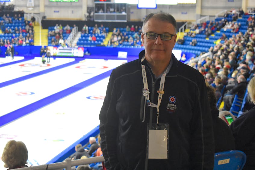 Paul MacDonald, facilities manager of Centre 200, stands on the main concourse of the facility during the semi-final draw between Saskatchewan and Ontario Sunday afternoon. He said the event overall is a success and he hopes Centre 200 will host future Curling Canada national and international events.