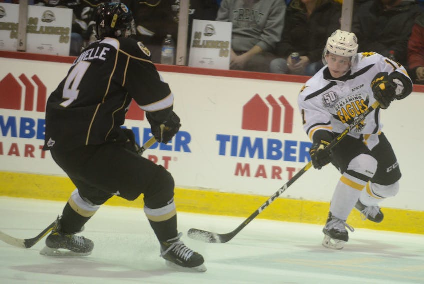 Cape Breton Screaming Eagles right-winger Derek Gentile, right, looks to get a pass to a teammate Saturday while being defended by Charlottetown Islanders blue-liner Brendon Clavelle.