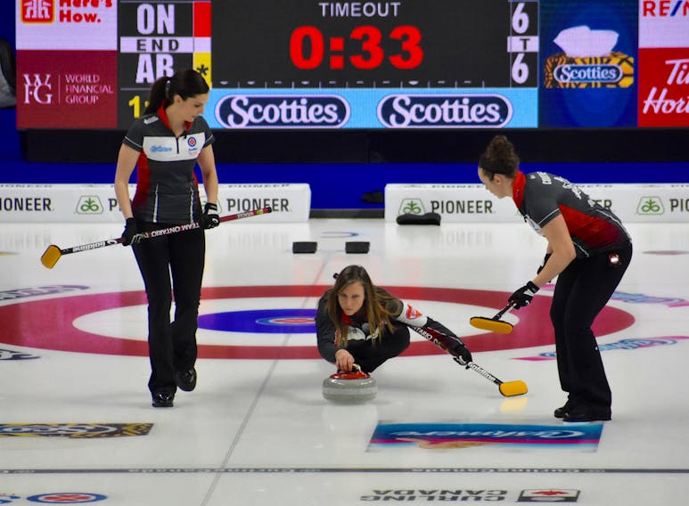 Ontario skip Rachel Homan delivers the final stone of the 2019 Scotties Tournament of Hearts at Centre 200 in Sydney, Sunday night. Her draw came up short, giving Chelsea Carey’s Alberta rink the Canadian national women’s curling championship in a thrilling final match.