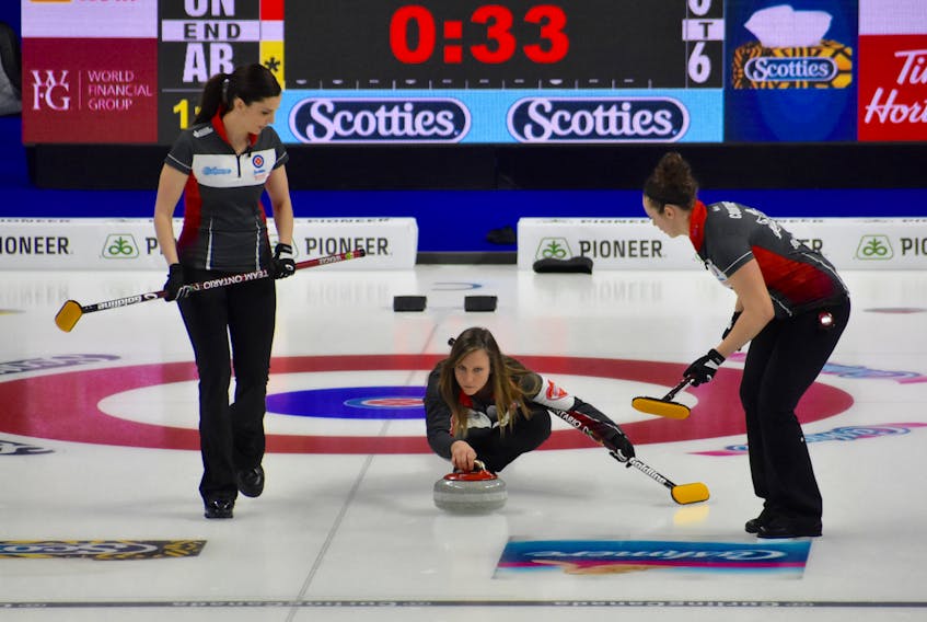 Ontario skip Rachel Homan delivers the final stone of the 2019 Scotties Tournament of Hearts at Centre 200 in Sydney, Sunday night. Her draw came up short, giving Chelsea Carey’s Alberta rink the Canadian national women’s curling championship in a thrilling final match.
