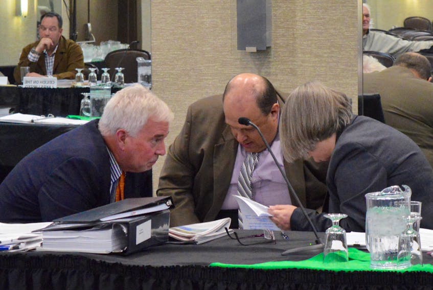 The three members of a Nova Scotia Utilities and Review Board looking into an appeal of a CBRM council decision concerning a proposed RV park and campground in Big Pond Centre huddle while discussing a point of order during hearing proceedings on Tuesday in Sydney. Chris Skidmore, the Calgary-based developer behind the project, can be seen in the mirror while UARB members David Almon, chair Roland Deveau and Roberta Clarke check out documentation at the main table.
